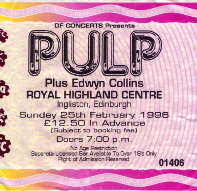 Pulp ticket for Edinburgh Royal Highland Centre, 25 February 1996